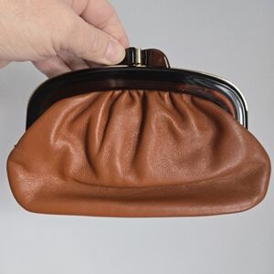 VINTAGE Brown Leather Clutch With Kiss Clasp Closer